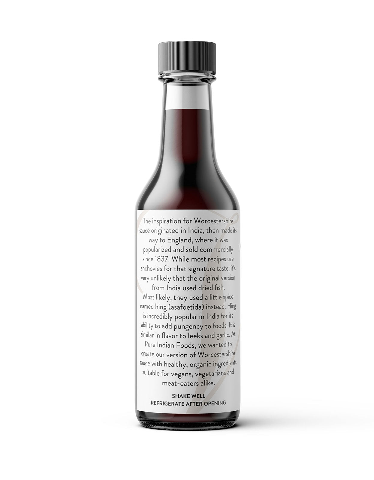 Side label of Pure Indian Foods Organic Worcestershire sauce, describing how the sauce was originally inspired by an Indian sauce. Batch tested gluten-free.