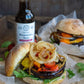 Portobello Musroom burger made with grilled onions and peppers and a vegan Worcestershire sauce from Pure Indian Foods.