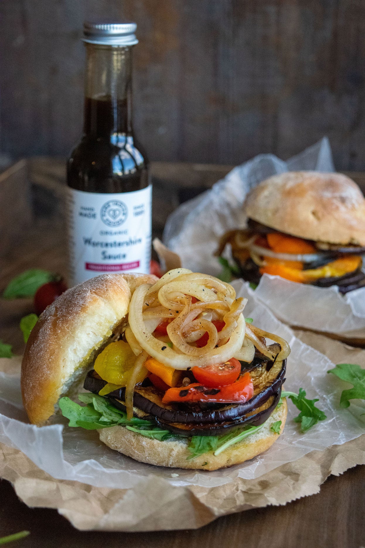 Portobello Musroom burger made with grilled onions and peppers and a vegan Worcestershire sauce from Pure Indian Foods.