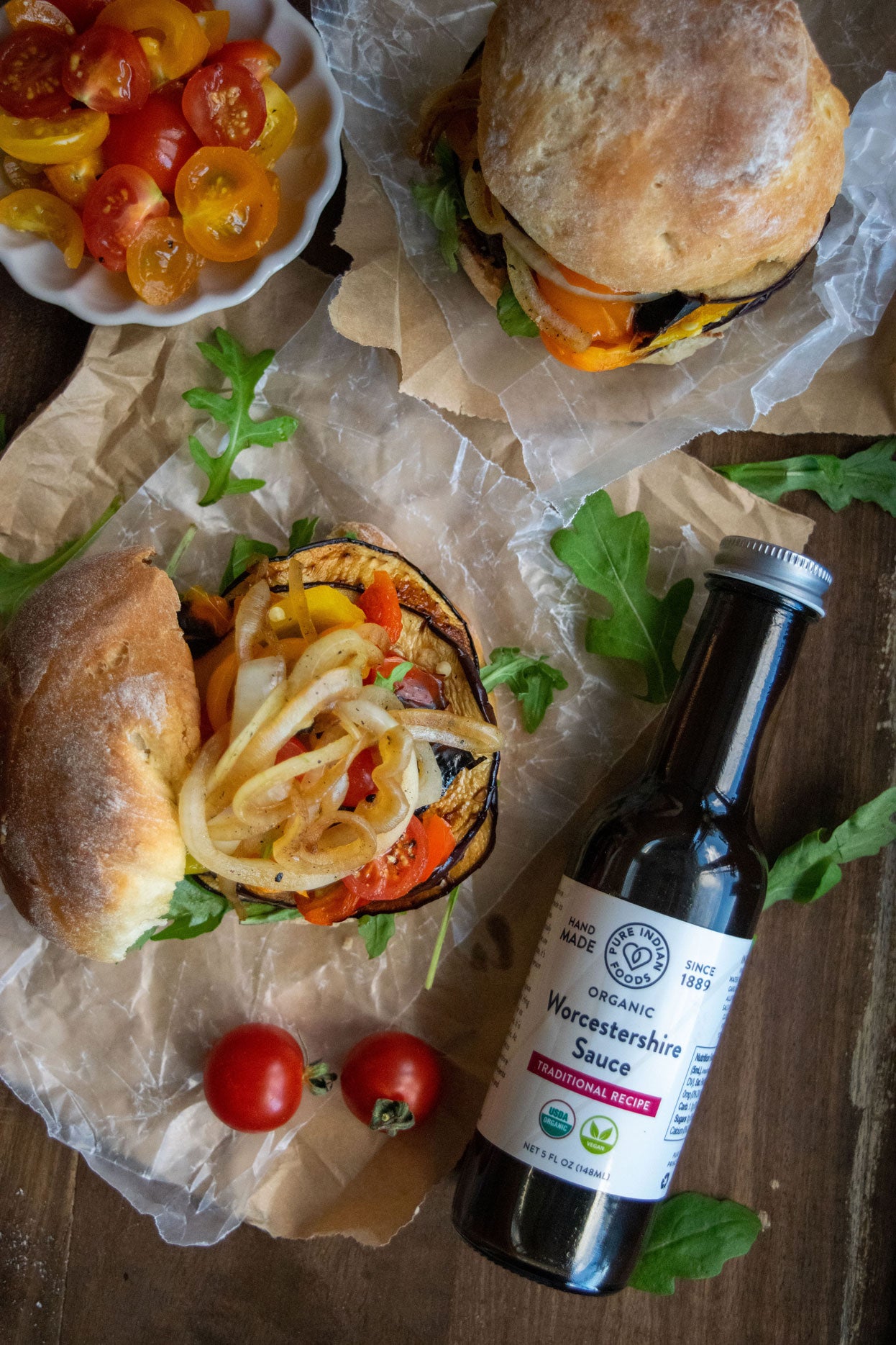 Gorgeous portobello mushroom burgers made with Pure Indian Foods Organic Worcestershire Sauce