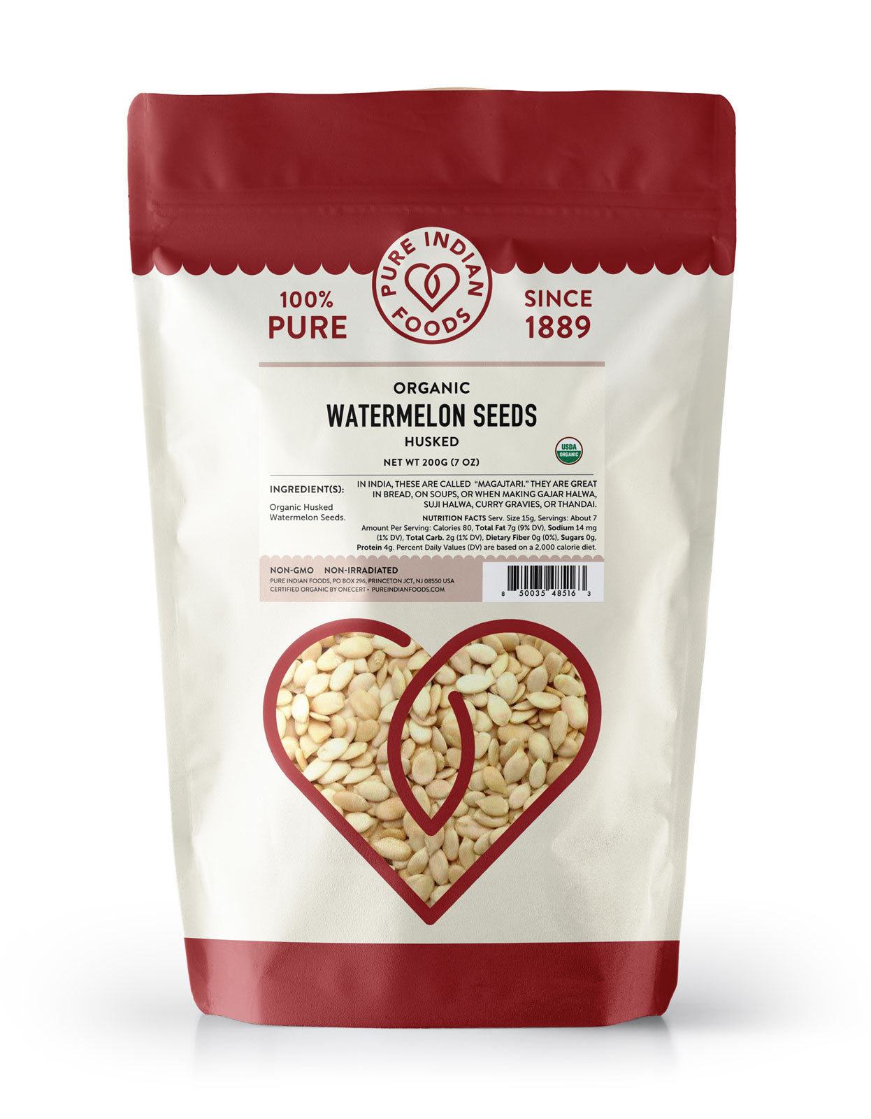 1 bag of organic watermelon seeds from Pure Indian Foods, edible and raw.