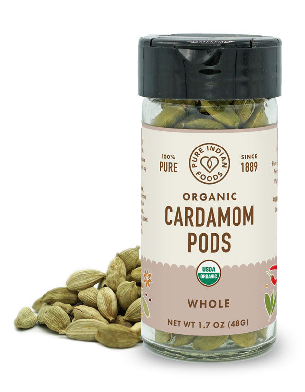 A jar of Pure Indian Foods Organic Cardamom Pods.