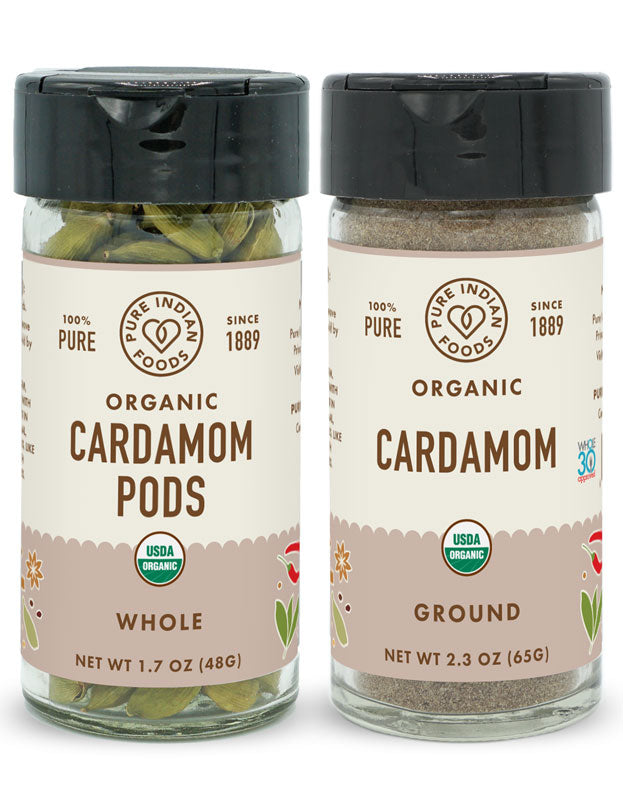 1 jar each of Pure Indian Foods Organic Cardamom Pods and freshly ground powder.