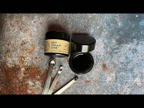 Video of a jar of Pure Indian Foods Best Ever Shilajit being opened, removing a serving of the pure shilajit resin, and dissolving it in water.