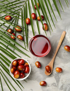 A clear container of red organic palm oil artfully displayed with palm leaves, a wooden spoon, and palm fruit