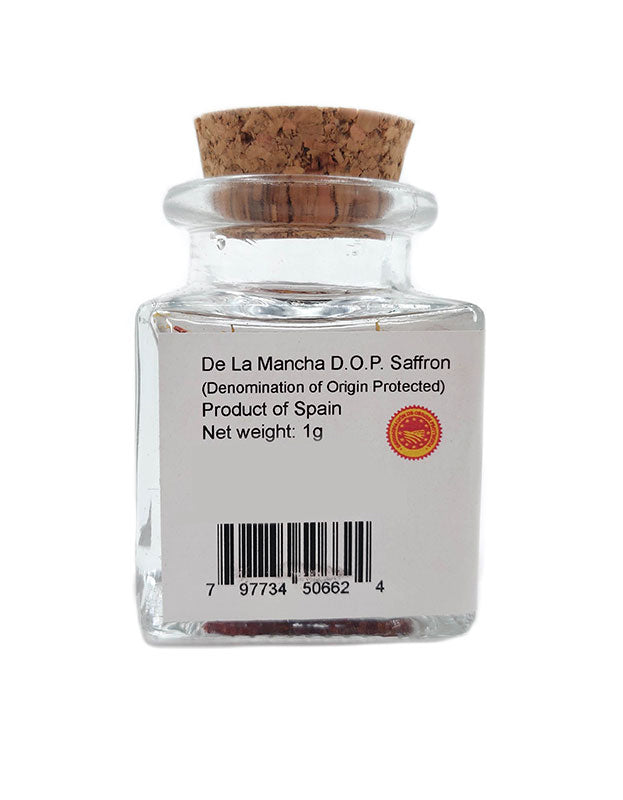 Other side label on a jar of Pure Indian Foods Organic Saffron, showing it's de La Mancha Spanish Saffron, DOP certified