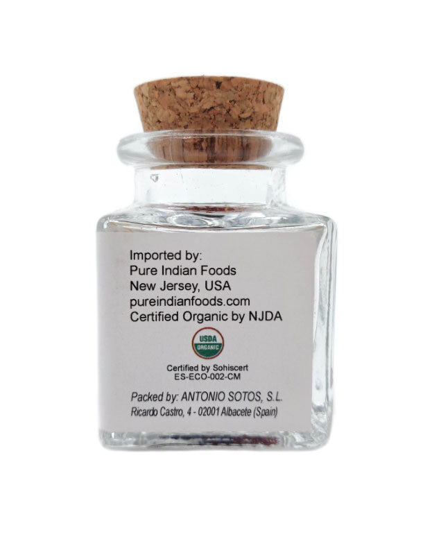 Side label on a jar of Pure Indian Foods Organic Saffron