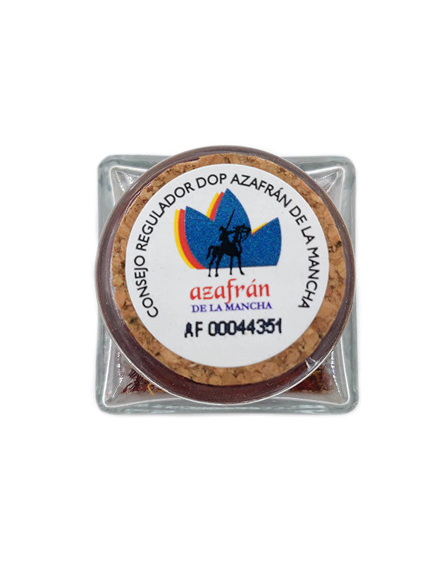 The DOP Seal on the top of a jar of Pure Indian Foods Organic Saffron certifying that it's la Mancha Spanish saffron