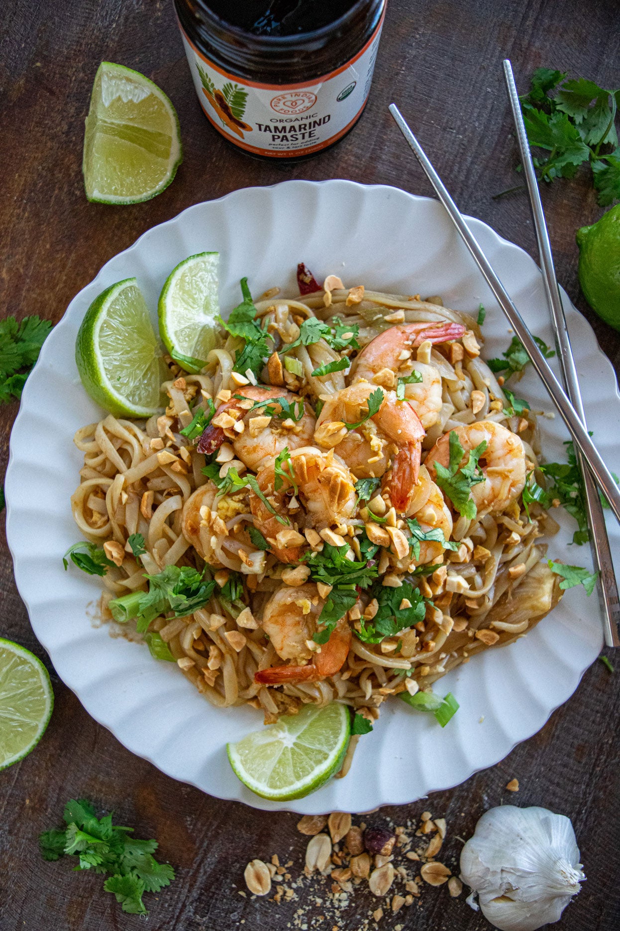 Artfully displayed plate of Pad Thai made with Pure Indian Foods Organic Tamarind Paste